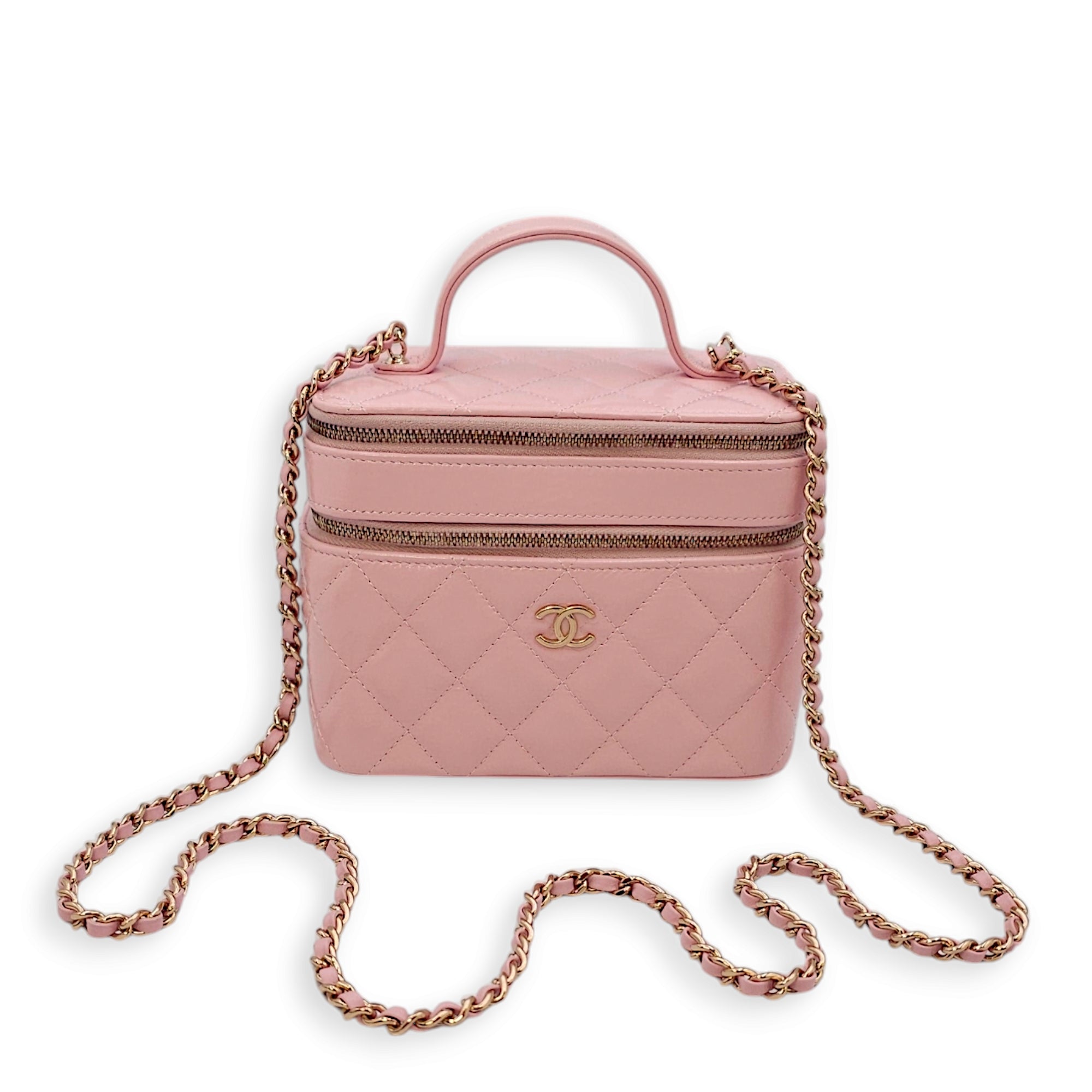 Double Layer 16x13x8.5cm Pink Vanity Bag in Glazed Calf, Gold hardware - Image 9