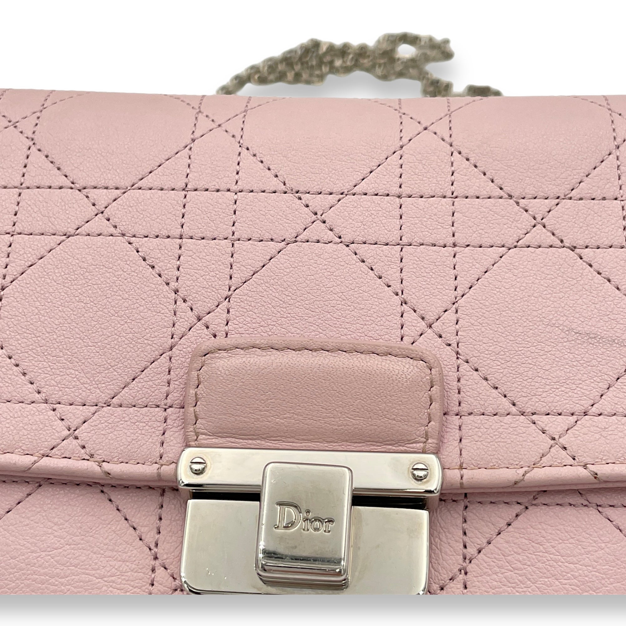 Cannage Stitched Diorling Pink Wallet On Chain in Calfskin, Silver hardware - Image 5