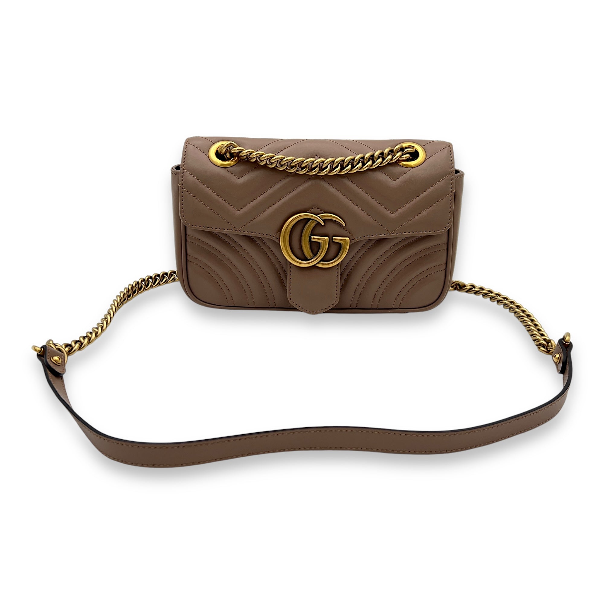 GG Marmont Mini Beige Crossbody Bag in Calfskin, Gold hardware - Image 12