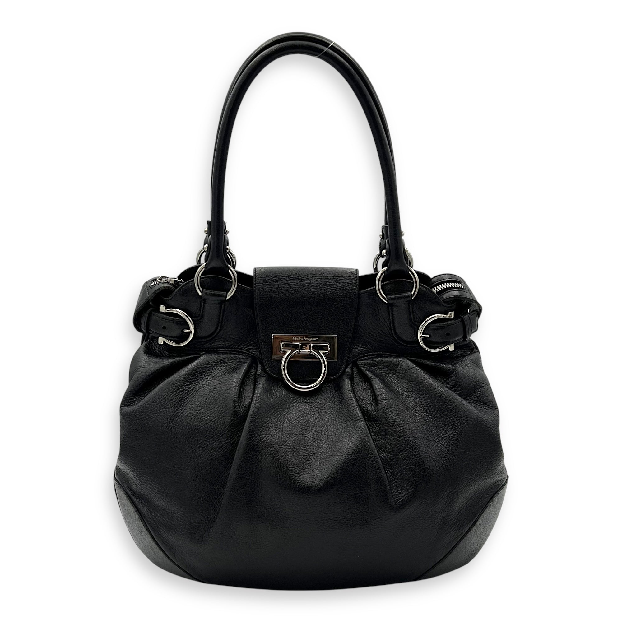 Gancini Black Tote Bag in Calfskin, Silver hardware