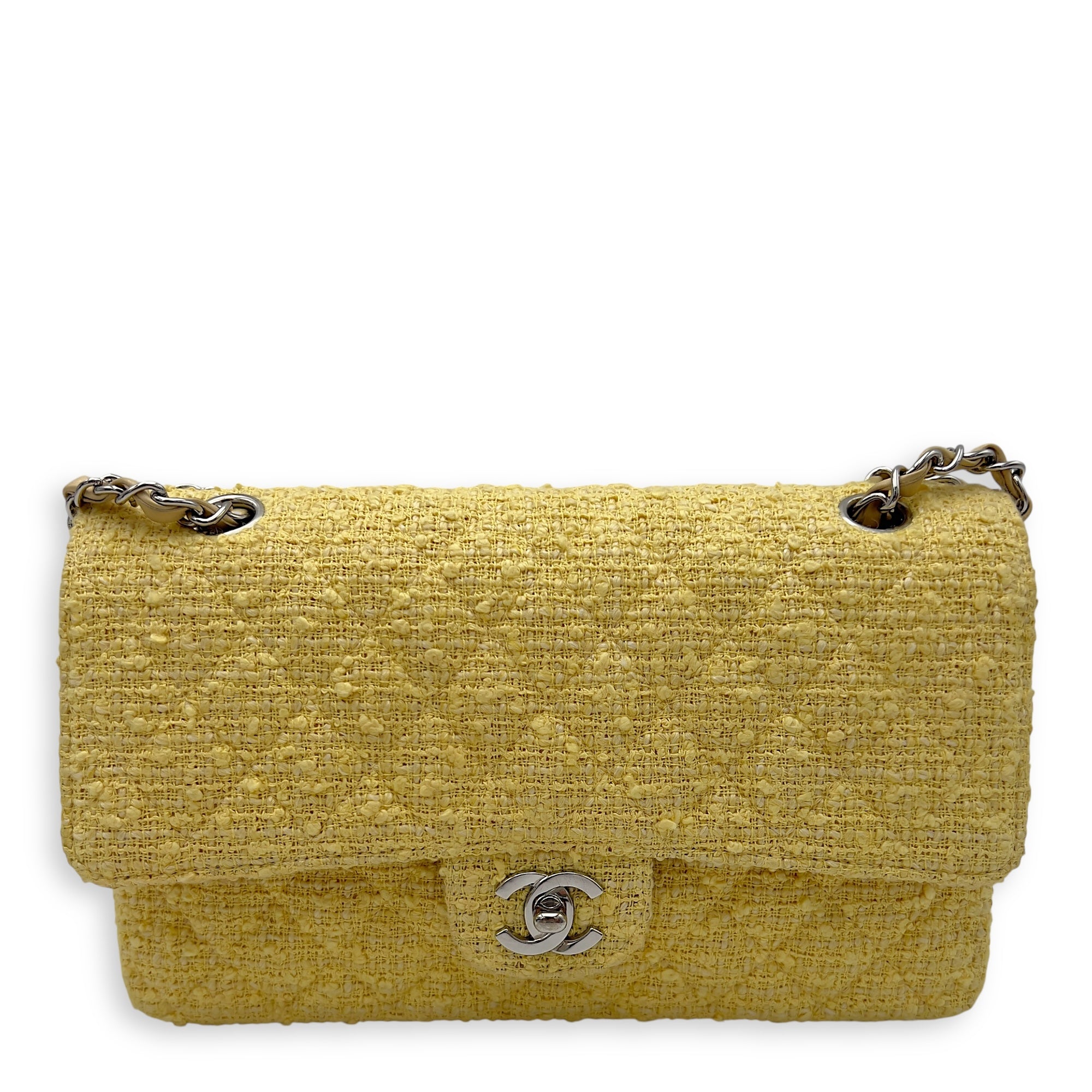 Classic Shoulder Bag Yellow in Tweed, Silver hardware