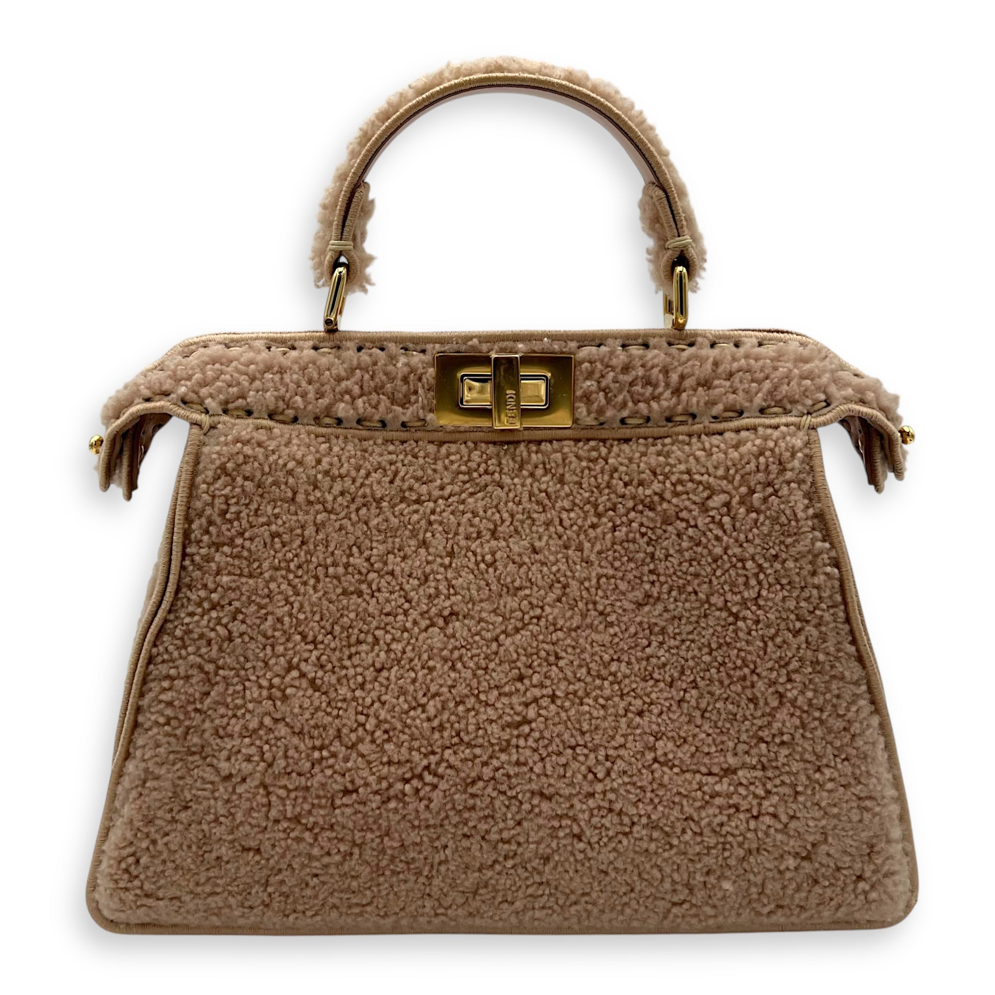 Iseeu Small Beige Top Handle Bag in Shearling, Gold hardware
