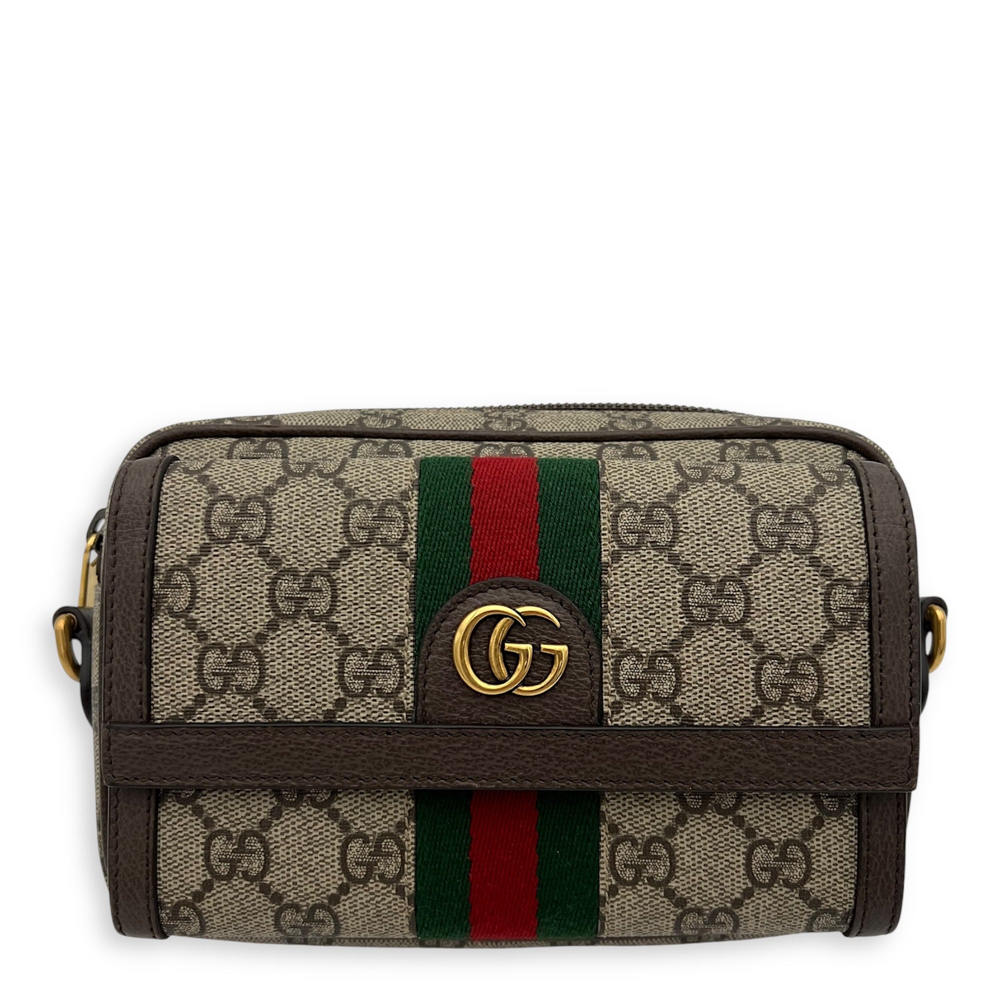 Ophidia Crossbody Bag Mini Brown in Coated Canvas, Gold hardware