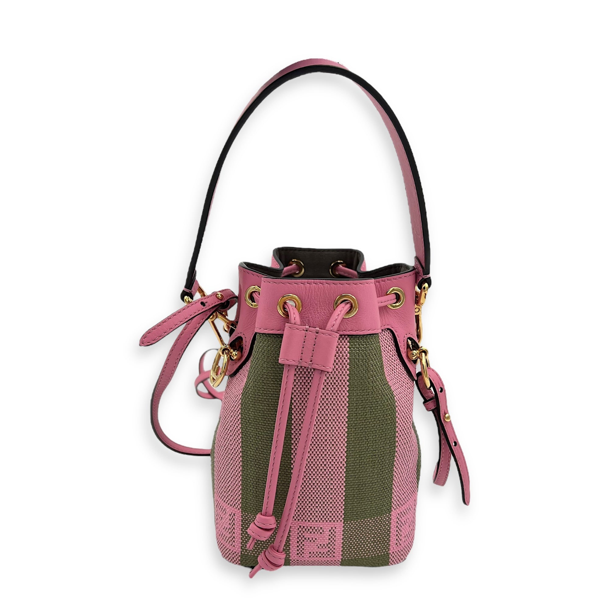 Mon Tresor Mini Pink Bucket Bag in Raffia, Gold hardware