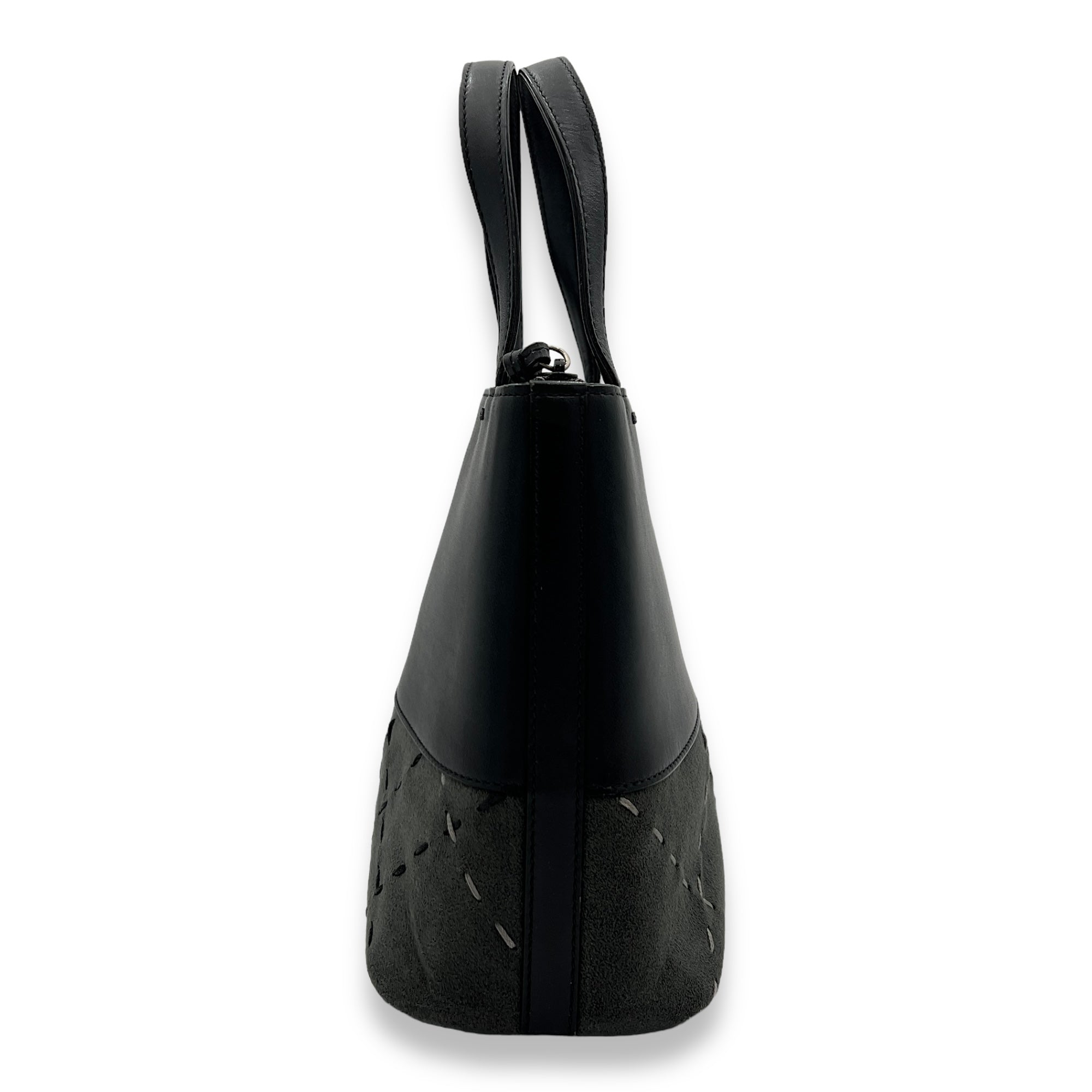 Logo Black Top Handle Bag in Calfskin and Suede, Silver hardware - Image 5