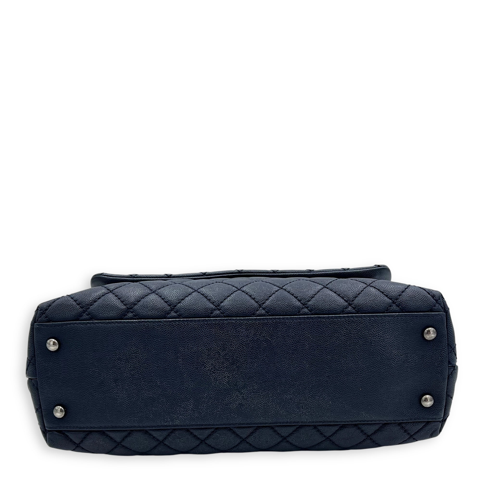 Coco Handle Quilted Top Handle Bag Blue in Caviar Leather, Silver hardware - Image 6