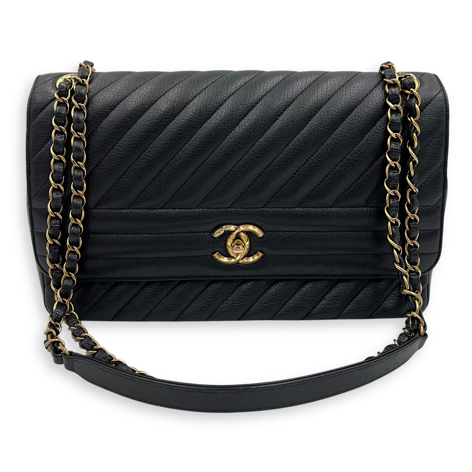 Diagonal Quilted Shoulder Bag Black in Goat Leather, Gold hardware - Image 8