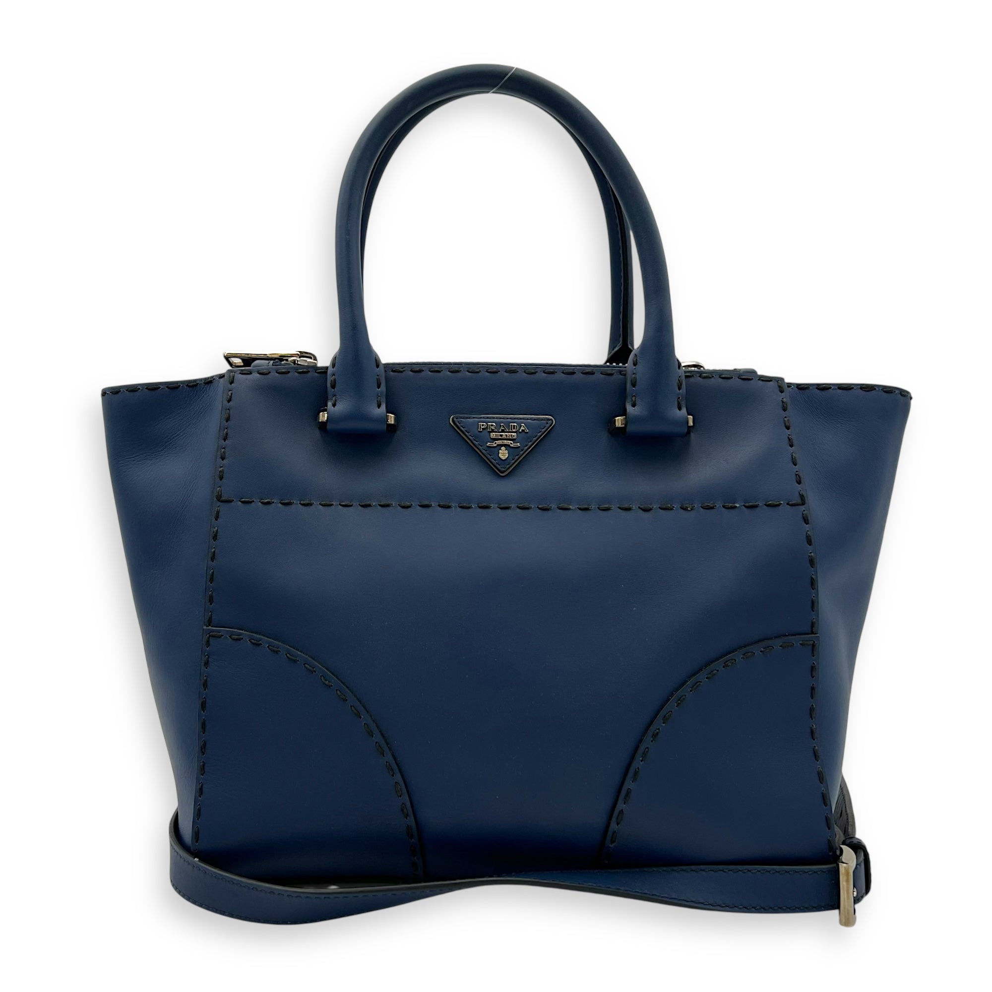 Logo Top Handle Bag Blue in Calfskin, Gold hardware - Image 13