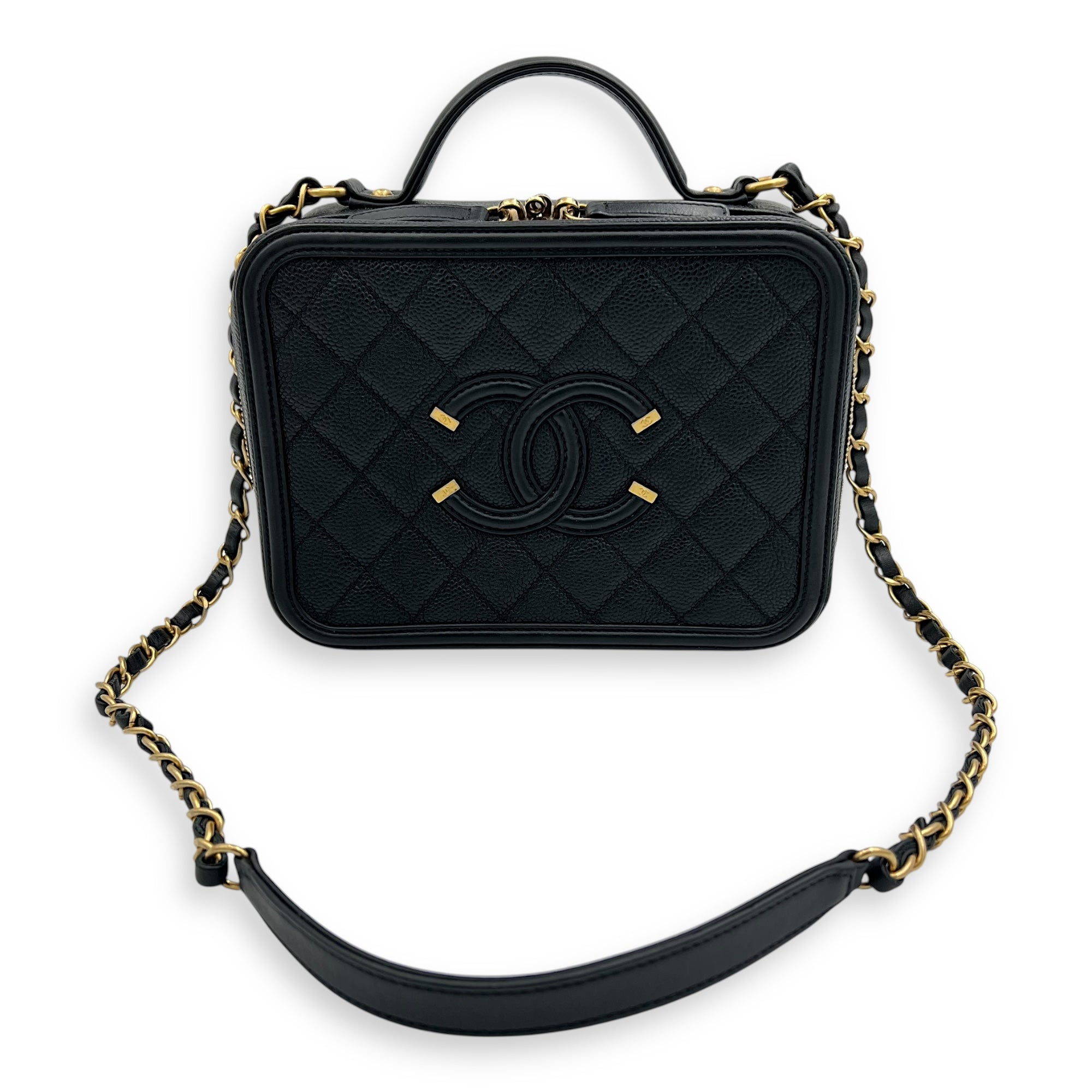 Filigree Medium Black Top Handle Bag in Caviar Leather, Gold hardware - Image 11