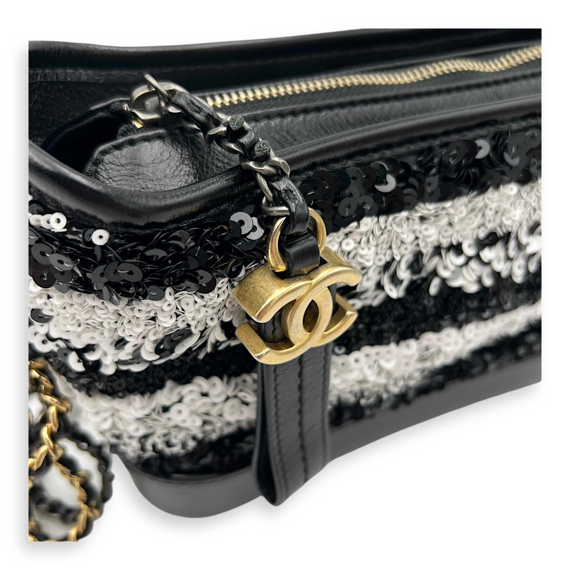 Gabrielle Small Black - White Shoulder Bag in Sequins, Gold hardware - Image 10