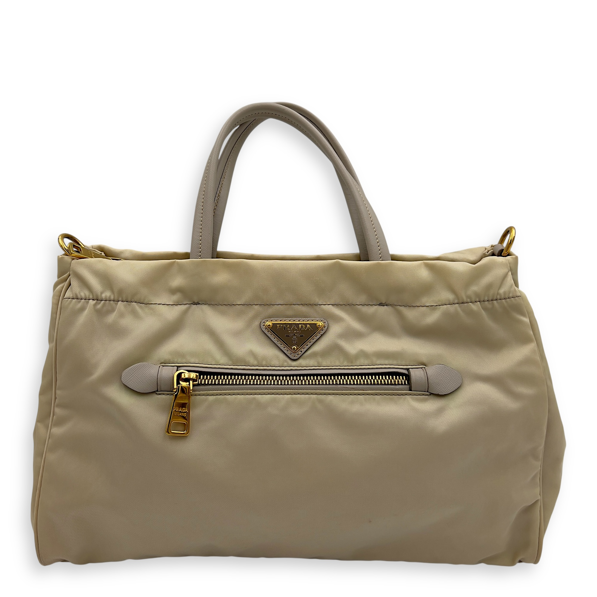 Logo Top Handle Bag Beige in Nylon, Gold hardware