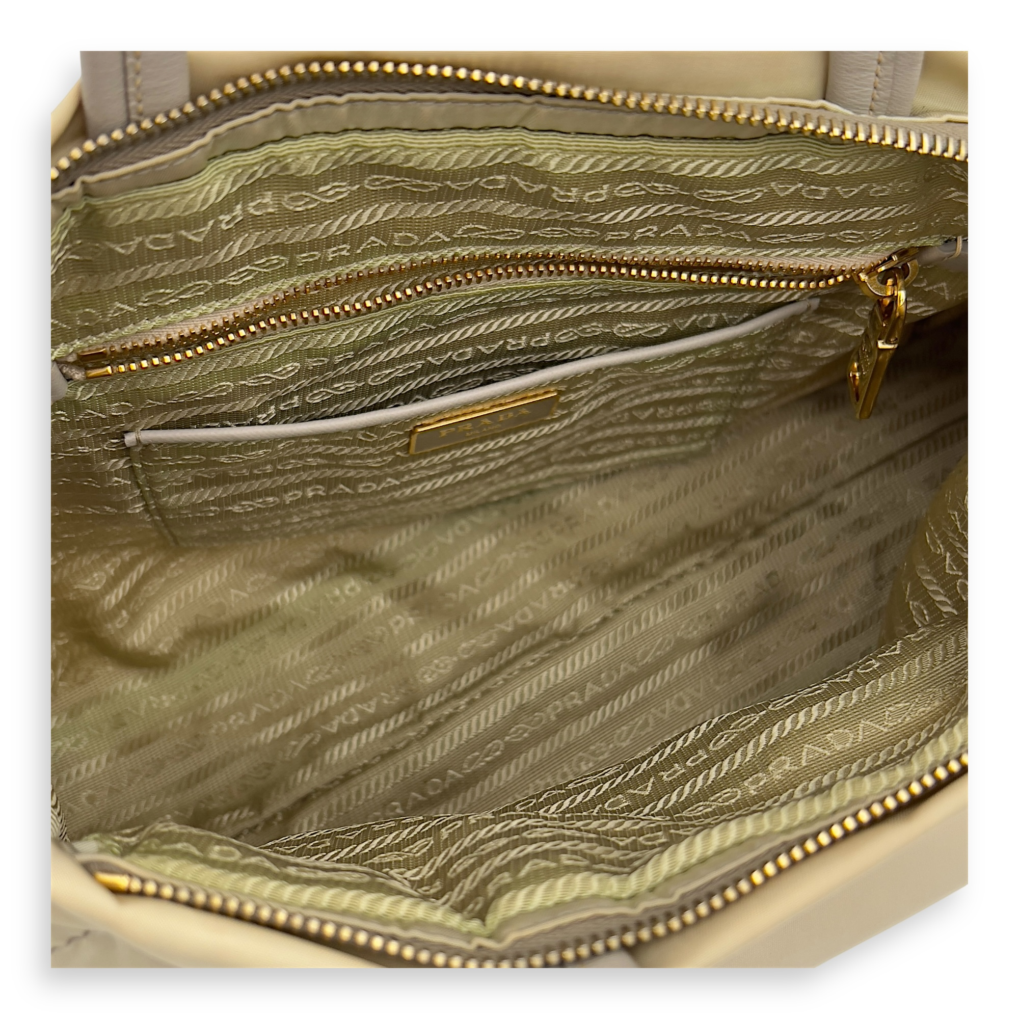 Logo Top Handle Bag Beige in Nylon, Gold hardware - Image 7