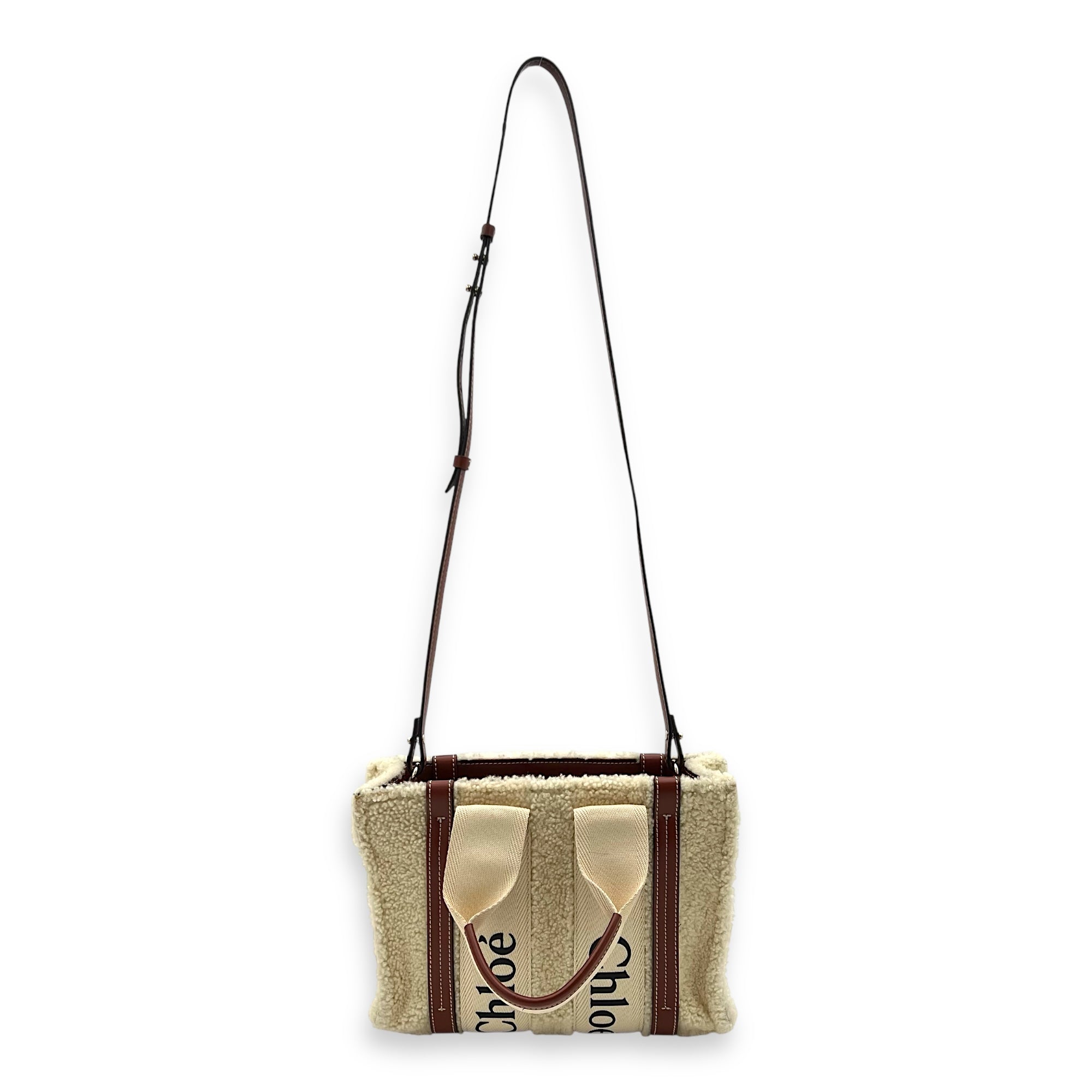 Woody Tote Bag Small Beige in Wool, Gold hardware - Image 12